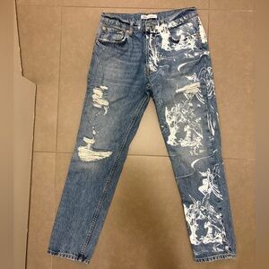 Zara Men's Blue and White Patterned Slim Jeans